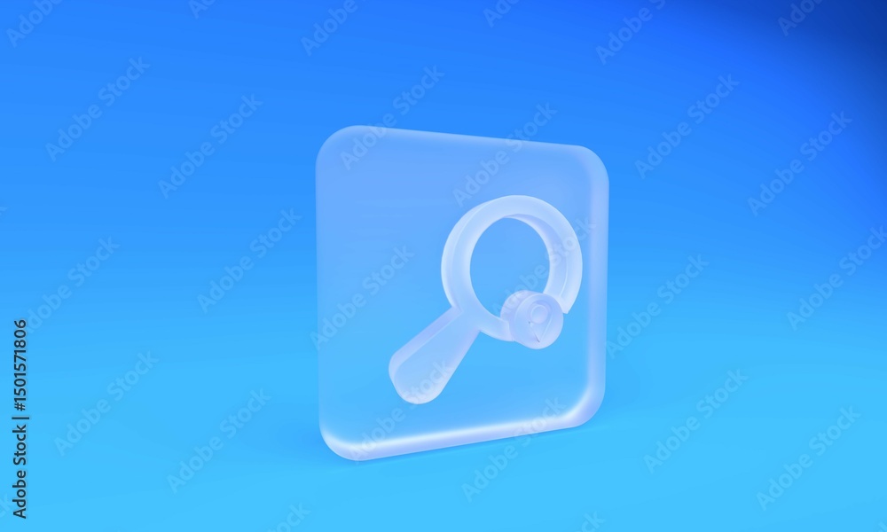 Frosted glass Search location icon isolated on blue background. Magnifying glass with pointer sign. Square frosted glass button. 3D render illustration Frosted glass Search location icon isolated on blue background. Magnifying glass with pointer sign. Square frosted glass button. 3D render illustration