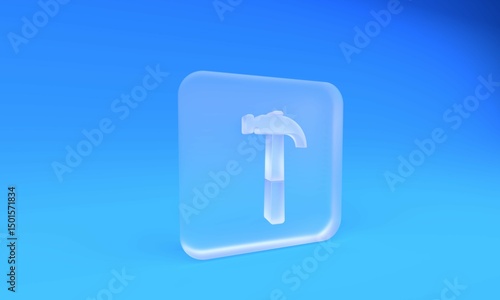 Frosted glass Hammer icon isolated on blue background. Tool for repair. Square frosted glass button. 3D render illustration