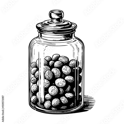 Chocolate ball in jar engraving black and white outline. Scratch board imitation.  illustrated in vintage line art style on a white background.