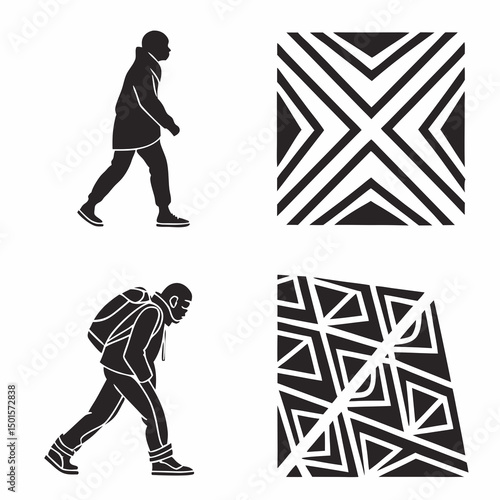 Walking man backpacker geometric abstract design