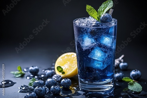 Blueberry soda drink with ice, lemon, and mint.