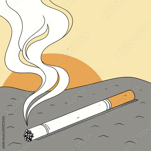 Vibrant Digital Art Depicting a Detailed Smoking Cigarette with Billowing Smoke Set Against a Scenic Mountain Landscape – Nature and Tobacco Contrast Concept Illustration