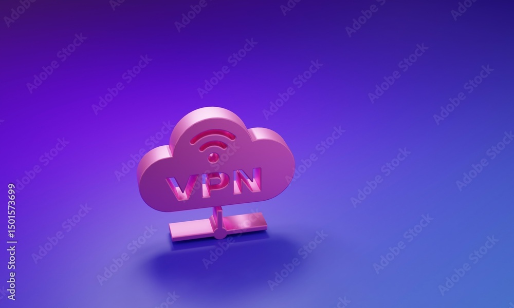 Fototapeta premium Pink VPN Network cloud connection icon isolated on purple-blue background. Social technology. Cloud computing concept. Minimalism concept. 3D render illustration