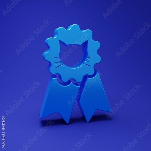 Blue Cat award symbol icon isolated on blue background. Medal with cat footprint as pets exhibition winner concept. Minimalism concept. 3D render illustration