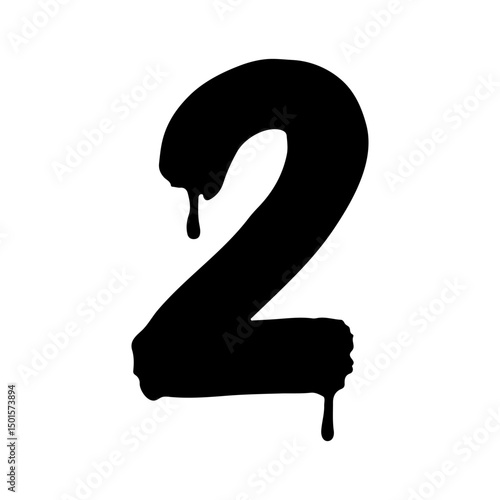 Bold black number two in a grunge brushstroke style with rough edges and dripping ink effect. Grunge style number two black ink illustration. Vector illustration