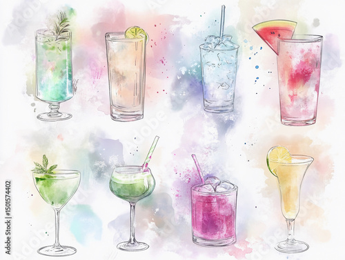 Set of art watercolor illustration of colorful summer refreshing drinks, lemonade and cocktails decorated with fresh fruits such as lime, berries, watermelon and mint sprigs and herbs.