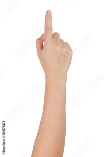 A hand pointing upwards with a finger extended, isolated on a transparent background.