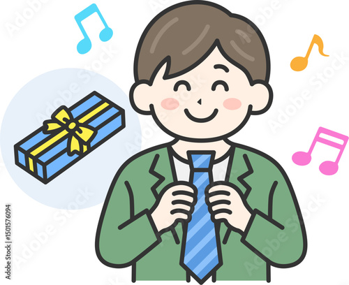父の日に、ネクタイをプレゼントされて喜ぶ男性（線画カラー）のイラスト