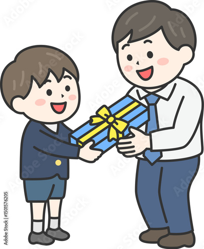 父の日に、父親にプレゼントを渡す、男の子（線画カラー）のイラスト