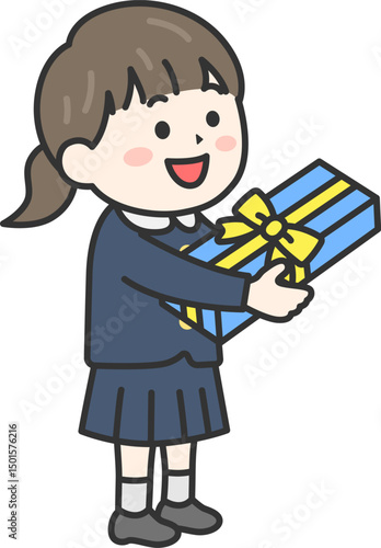 父の日に、プレゼントを渡す、女の子（線画カラー）のイラスト