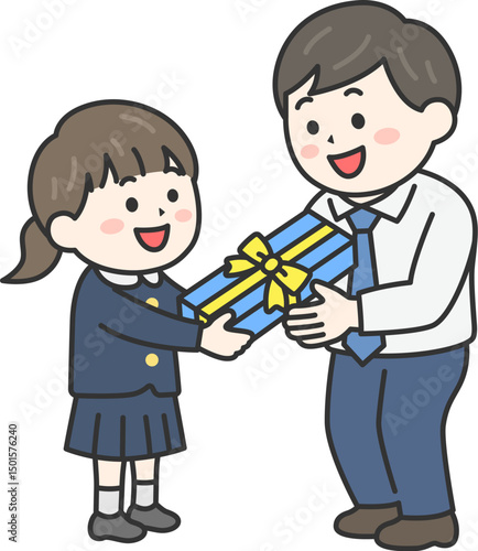 父の日に、父親にプレゼントを渡す、女の子（線画カラー）のイラスト