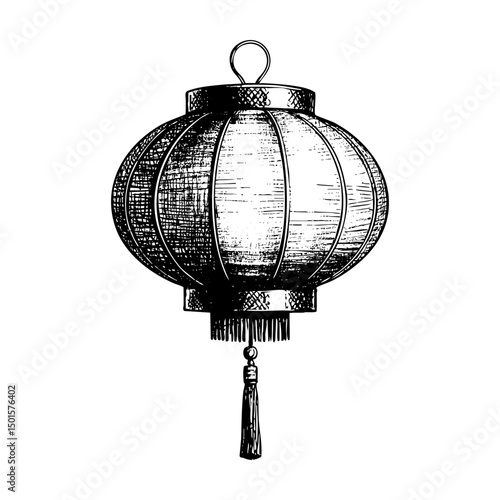 Chinese lantern sketch engraving black and white outline. Scratch board imitation.