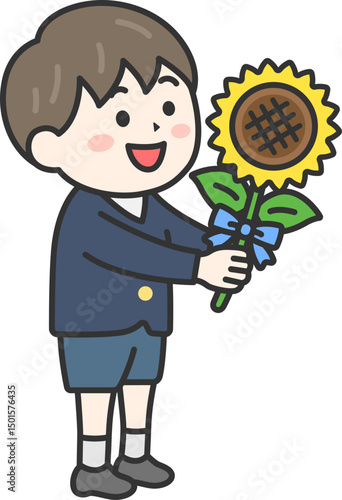 父の日に、向日葵の花を渡す、男の子（線画カラー）のイラスト