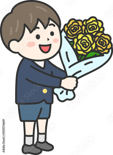 父の日に、黄色の薔薇の花束を渡す、男の子（線画カラー）のイラスト