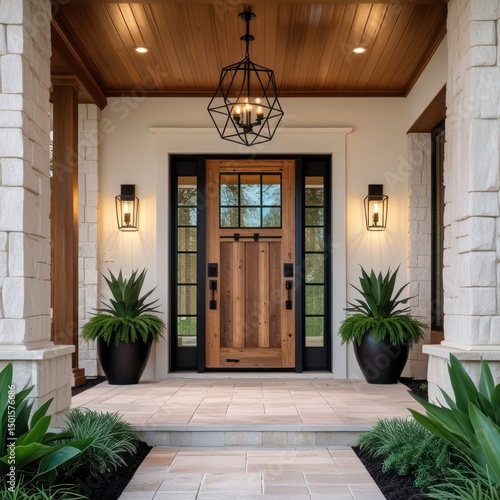 Modern farmhouse entryway with a wooden door and black accents