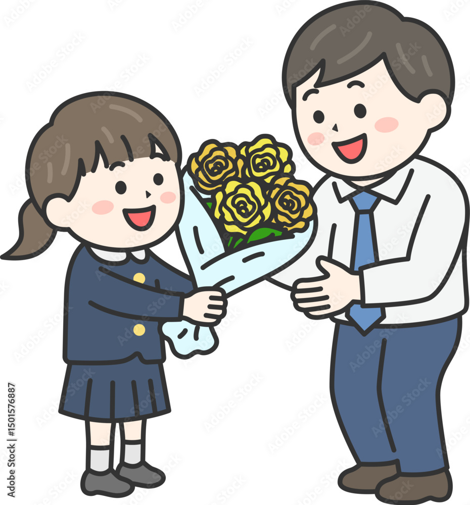 父の日に、父親に黄色の薔薇の花束を渡す、女の子(線画カラー)のイラスト 父の日に、父親に黄色の薔薇の花束を渡す、女の子(線画カラー)のイラスト
