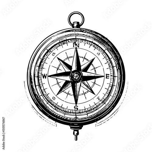 vintage compass engraving black and white outline. Scratch board imitation.