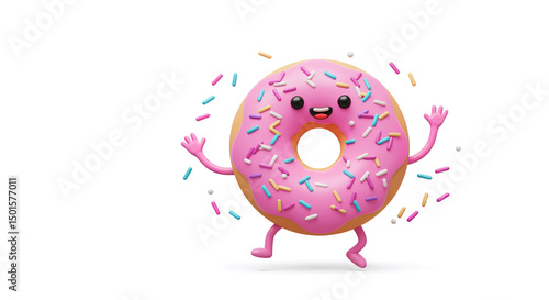 Cartoon pink donut character dancing with sprinkles in a fun style  