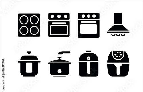 Kitchen appliances silhouette icon set - solid style cooking, home, and culinary tools for household essentials stove burner, oven, range hood, air fryer, steamer, crockpot