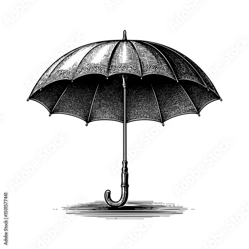 Open umbrella sketch engraving black and white outline. Scratch board imitation.