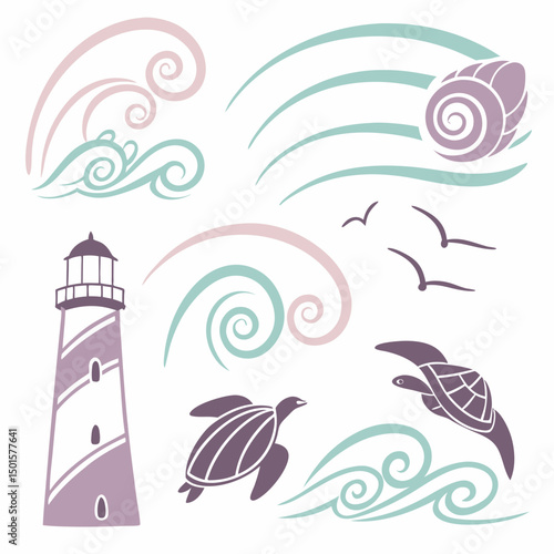 Coastal lighthouse seascape with turtles and waves