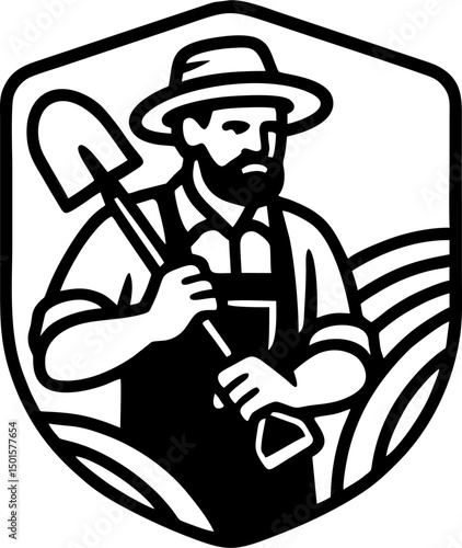 Hardy farmer holds shovel near crops
