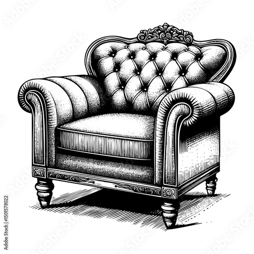 Leather sofa engraving black and white outline. Scratch board imitation.  illustrated in vintage line art style on a white background.
