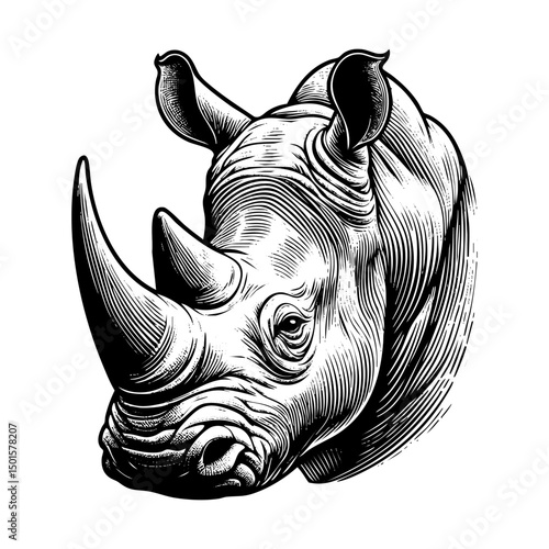 Rhino engraving black and white outline. Scratch board imitation.  illustrated in vintage line art style on a white background.