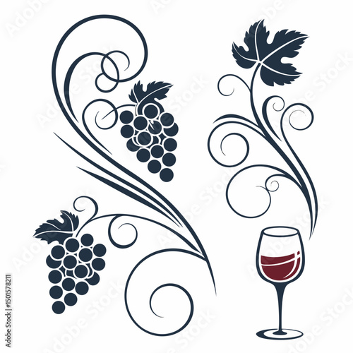 Elegant wine grapes vine swirl design red wine glass