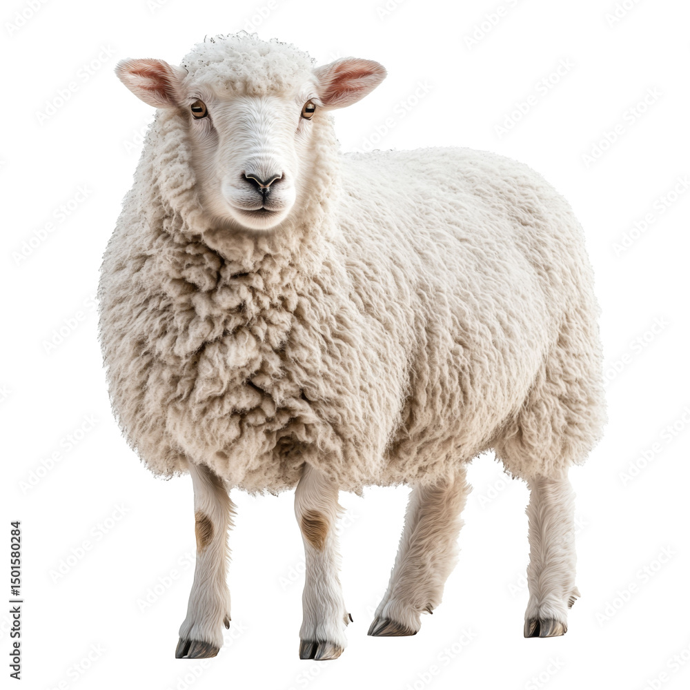 White adult ram standing in full-body view and looking at the camera, sheep farming concept, isolate on transparent background White adult ram standing in full-body view and looking at the camera, sheep farming concept, isolate on transparent background