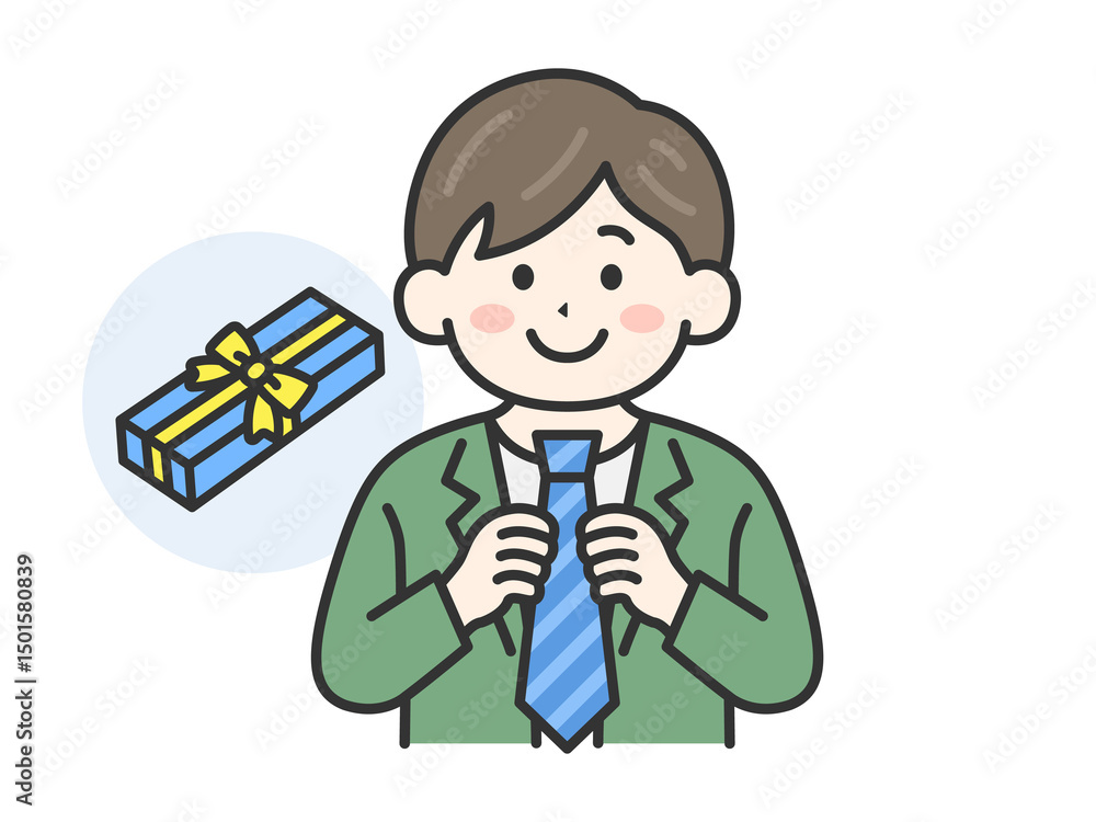 父の日に、ネクタイをプレゼントされた男性(線画カラー)のイラスト 父の日に、ネクタイをプレゼントされた男性(線画カラー)のイラスト