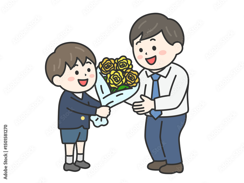 父の日に、父親に黄色の薔薇の花束を渡す、男の子(線画カラー)のイラスト 父の日に、父親に黄色の薔薇の花束を渡す、男の子(線画カラー)のイラスト