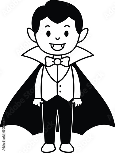 Smiling Cartoon Vampire Boy in Traditional Halloween Costume – Coloring Page