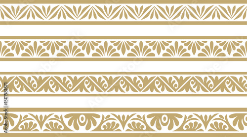 Vector set of golden seamless classic byzantine ornament. Endless border, Ancient Greece, Eastern Roman Empire frame. Decoration of the Russian Orthodox Church
