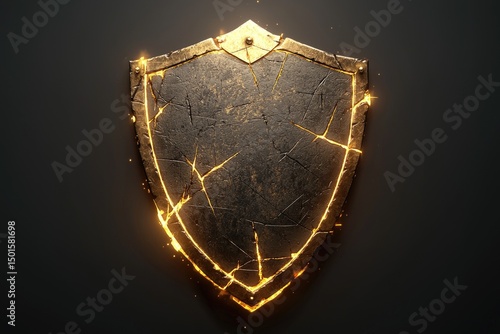 A detailed, digitally rendered, ancient shield with golden accents.