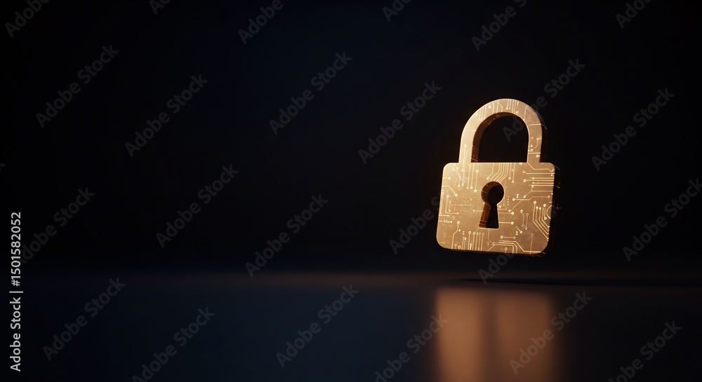 Fototapeta premium Glowing Golden Padlock on Dark Background