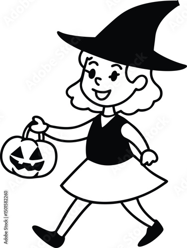Smiling Witch Girl Trick or Treating with Pumpkin Bucket – Coloring Page