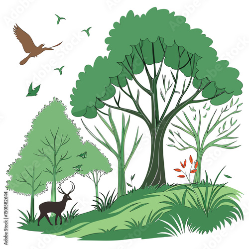 Serene forest landscape with deer and birds