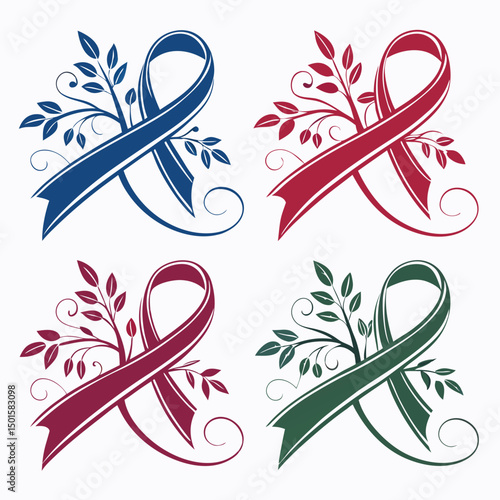 Elegant awareness ribbons with floral design, transparent png