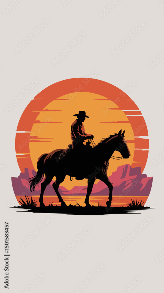 Fototapeta premium Lone Cowboy on Horseback Silhouetted Against a Fiery Sunset in a Desert Canyon Landscape – Western Illustration Art