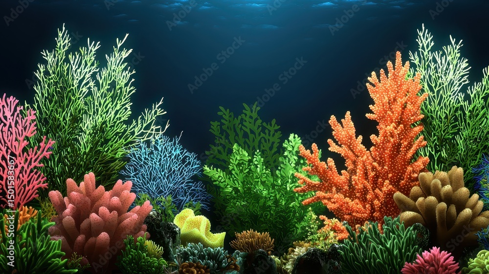 Obraz premium Pixelated Coral Reef Underwater Scene Vibrant Green Blue Orange Pink
