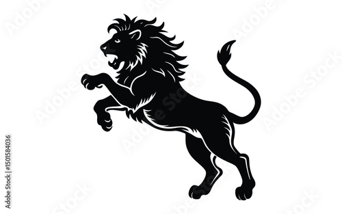 Powerful black lion silhouette in mid-leap, captured in bold vector style, symbolizing strength, motion, courage, and wild freedom.