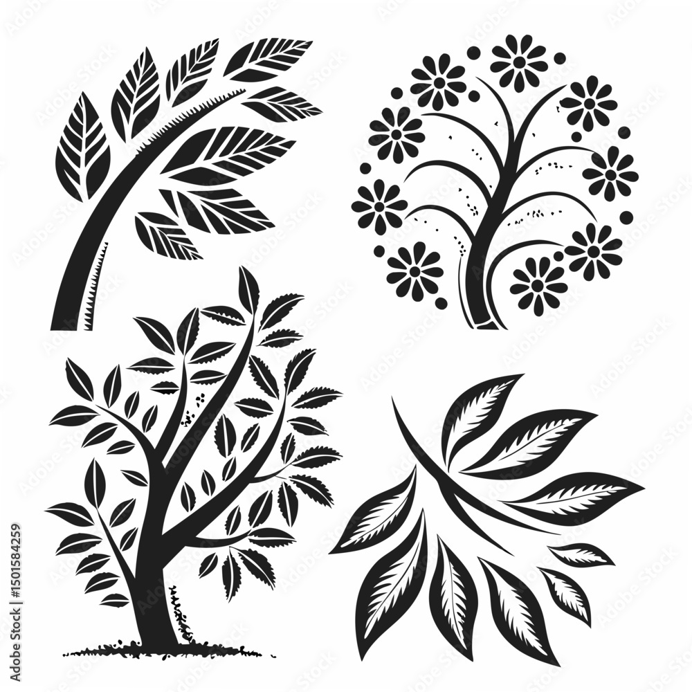Four professional black tree silhouettes isolated on white Four professional black tree silhouettes isolated on white