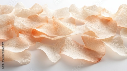 Peach rose petals scattered on white, soft light illuminates. Ideal for wedding, beauty, or feminine product advertising designs.