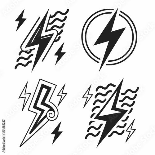 Four stylish lightning bolt designs energy power icons