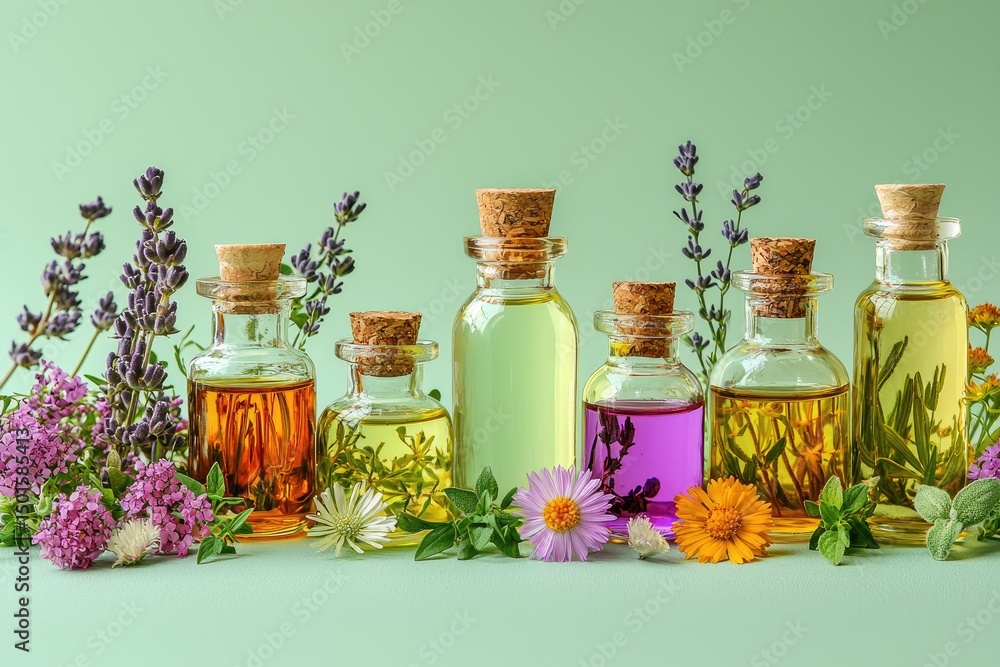 Colorful essential oils in small glass bottles, surrounded by wildflowers. Colorful essential oils in small glass bottles, surrounded by wildflowers.
