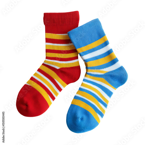 Vibrant patterned socks, a colorful addition to everyday wear. The socks are arranged against the clean, isolated space, showcasing their stripes and hues
