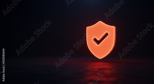 Glowing Orange Neon Shield Check Mark on Dark Background