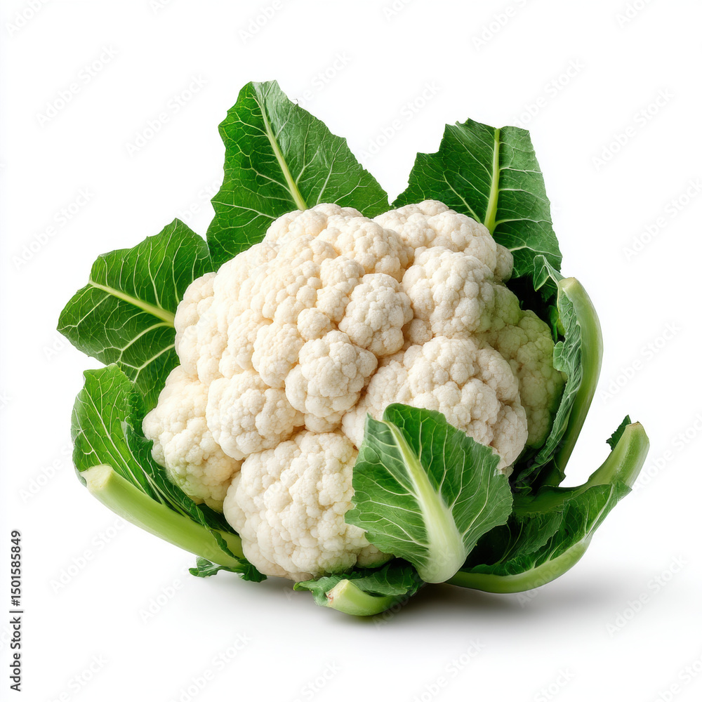 Fresh cauliflower with vibrant green leaves showcases its natural beauty and healthy appeal, perfect for nutritious meals and culinary creativity Fresh cauliflower with vibrant green leaves showcases its natural beauty and healthy appeal, perfect for nutritious meals and culinary creativity
