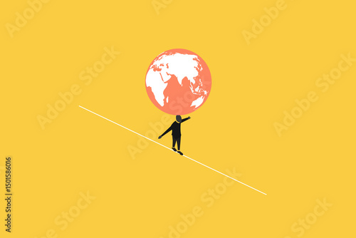 Businessman balance world globe on his head. concept of risk, conflict and war tension